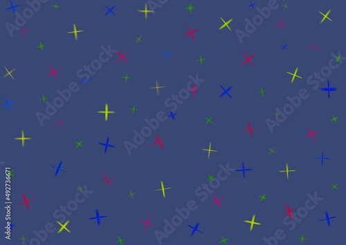 Art abstract navy blue background with red, yellow and green stars pattern. Multicolored flash illuminated backdrop