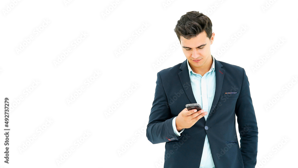 Portrait young handsome man in suit hold smart phone mobile on white background with copy space for your promotional or text isolated on white background, Portrait young handsome man in suit hold smart phone mobile on white background with copy space for your promotional or text isolated on white background,