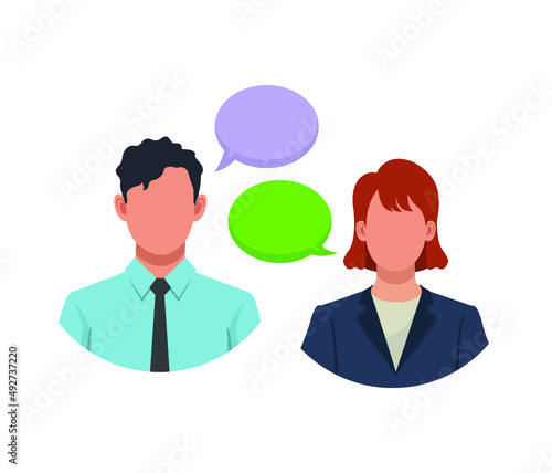 Man and woman talking with speech balloon flat vector illustration.