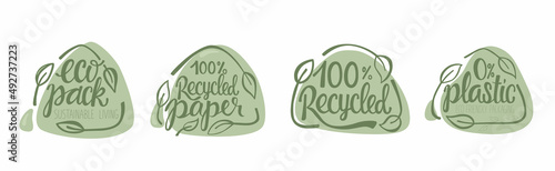 Recycled paper, plastic, eco packaging lettering set. Vector stock illustration isolated on white background for label, wrapping, package. 