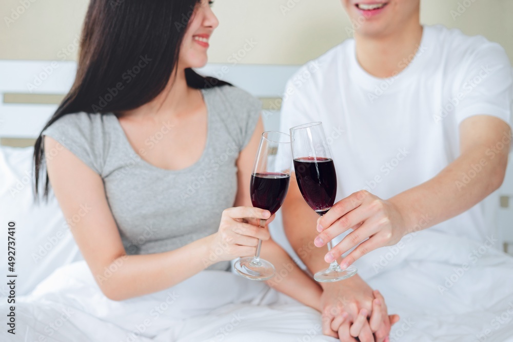 couple happiness celebrate anniversary drink wine smile and relax in home, People lifestyle concept. couple happiness celebrate anniversary drink wine smile and relax in home, People lifestyle concept.