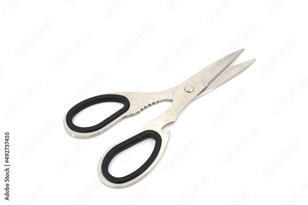Black steel scissors isolated on white background. Black steel scissors isolated on white background.
