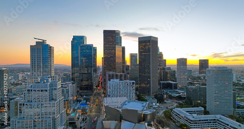 Los angeles cityscape. Los Angeles downtown panoramic city with skyscrapers. California theme with LA background. Los Angels city center.
