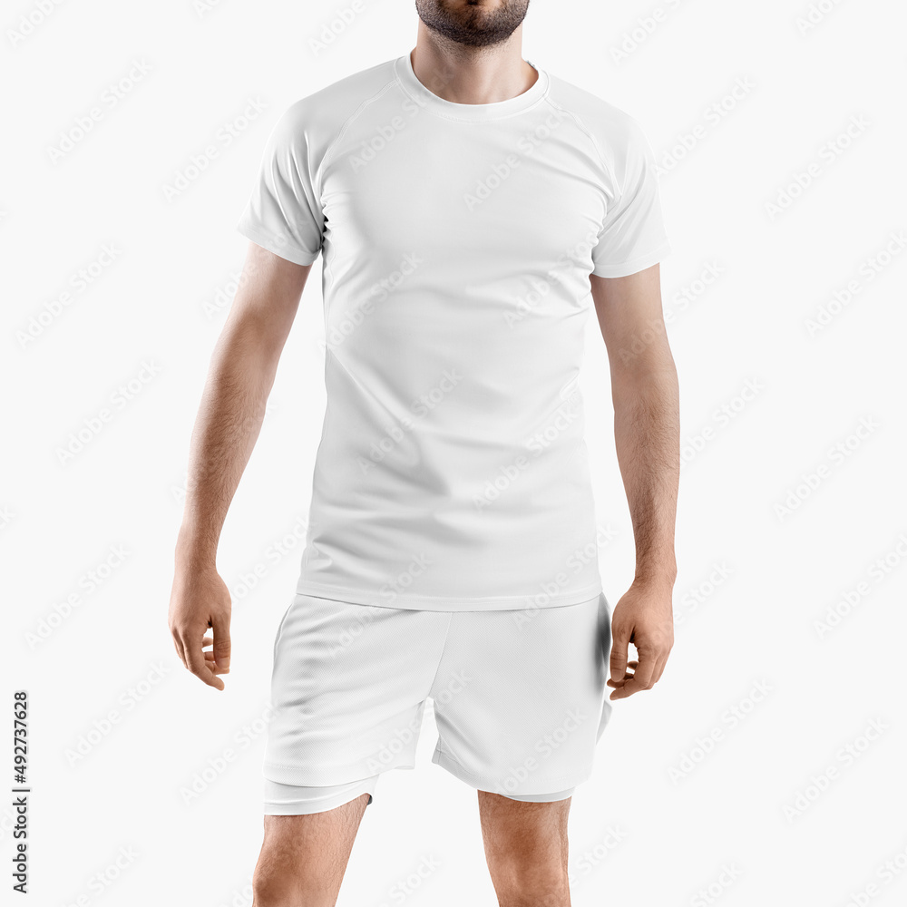 Mockup of white loose shorts with compression lining, underpants, t-shirt on a sporty man with a beard, for design, pattern, front. Mockup of white loose shorts with compression lining, underpants, t-shirt on a sporty man with a beard, for design, pattern, front.