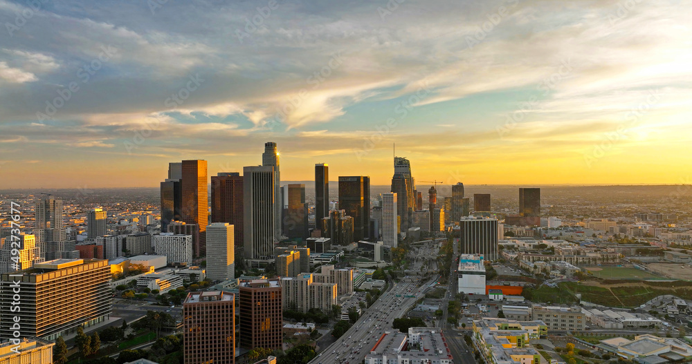 Los angeles aerial view, flying with drone. City of Los Angeles cityscape skyline scenic aerial view at sunset.
