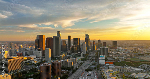 Los angeles aerial view, flying with drone. City of Los Angeles cityscape skyline scenic aerial view at sunset.