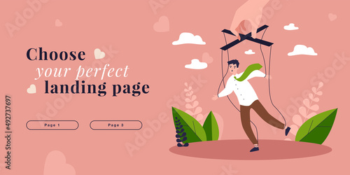 Hand of boss manipulating businessman puppet. Man marionette hanging on ropes flat vector illustration. Manipulation, authority, leadership concept for banner, website design or landing web page