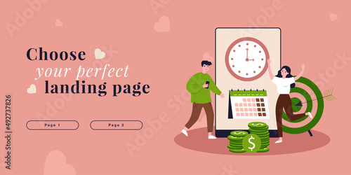 People working with planning schedule. Tiny man and woman scheduling tasks in business calendar flat vector illustration. Time management concept for banner, website design or landing web page