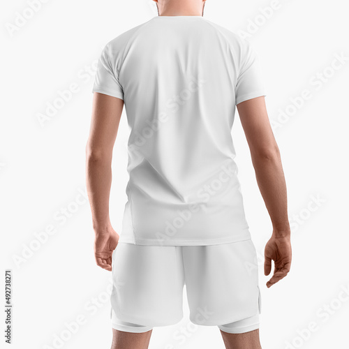 White sportswear mockup, loose shorts with underpants compression line, t-shirt on a man, isolated on background.