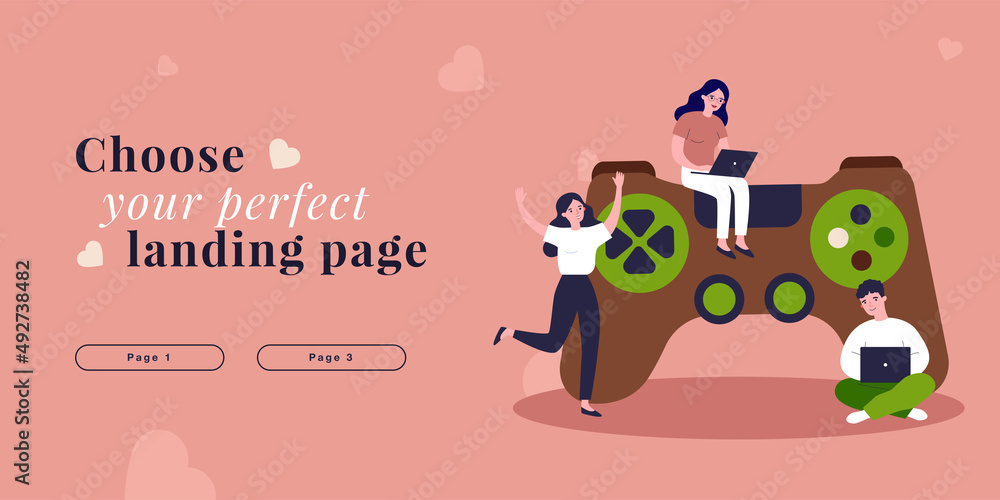 Fototapeta premium Tiny people with gamepad playing video games on console. Male and female gamers gaming flat vector illustration. Entertainment, gamification concept for banner, website design or landing web page