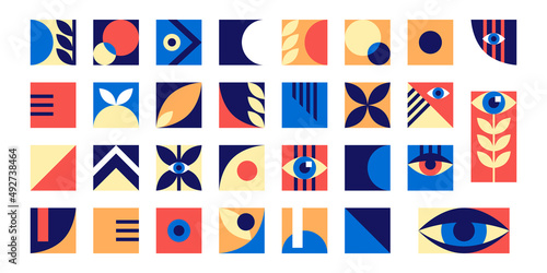 Bauhaus geometric abstract elements with eyes and simple forms. Modern style shapes, minimalistic retro design for poster, cards, book, certificate. Hipster 20s trend collage, vector illustration