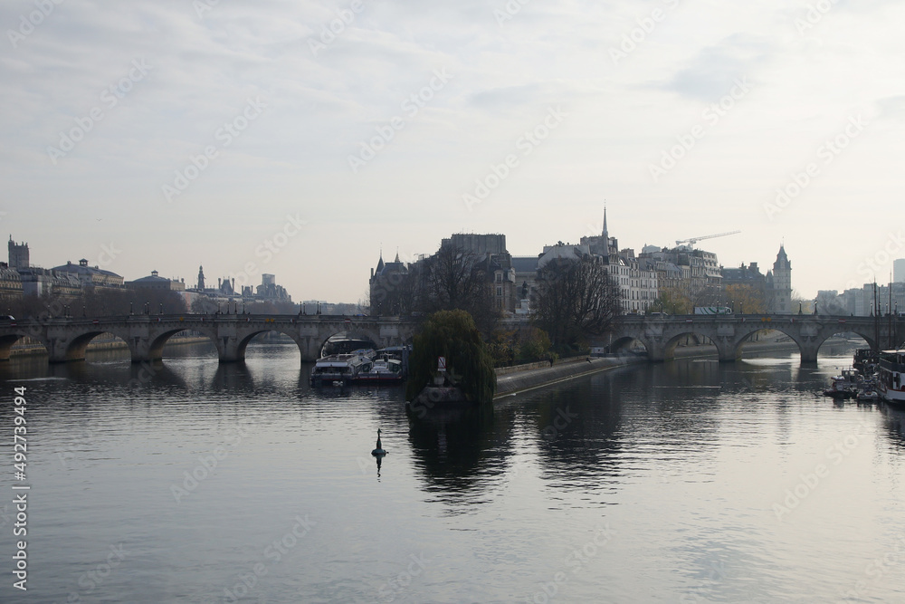 Panorama of Cite island in Paris opening from the Bridge of Arts