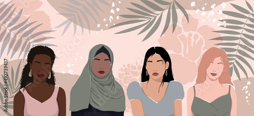 Women of different ethnic groups together. Modern flat illustration with flowers and leaves. Womens day.
