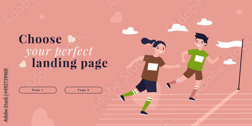 Kids runners running fast to finish line on marathon race. Happy boy and girl jogging flat vector illustration. School sport competition concept for banner, website design or landing web page