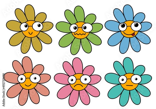 Set with cartoon flowers for fabrics and kids and packaging and cards and stickers and magazines and hobbies © Tetiana