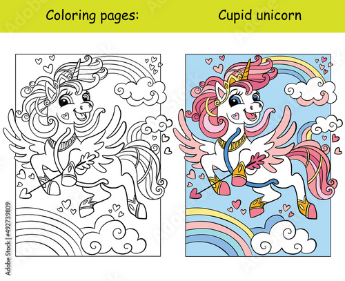 Coloring with template cute unicorn with rainbow mane