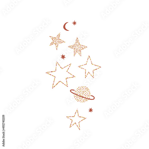Boho celestial gentle childish dotted stars planet moon vector illustration isolated on white. Infantile space gender neutral print for baby fashion and nursery decor.