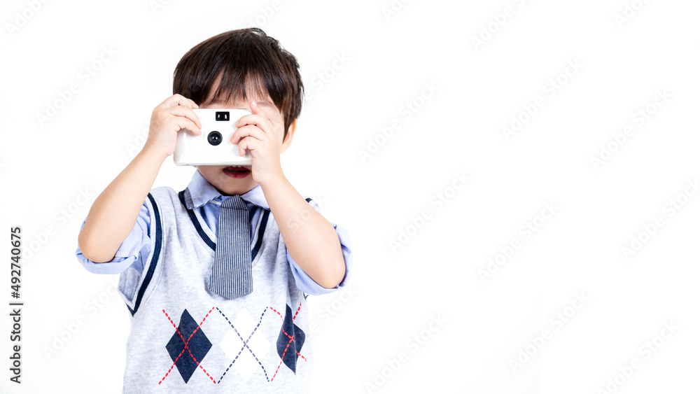 little boy Disposable Film Cameras on white background. little boy Disposable Film Cameras on white background.