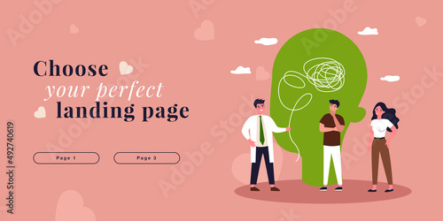 Psychologist holding end of tangled thread from patient head. Tiny people on psychotherapy flat vector illustration. Mental health, empathy concept for banner, website design or landing web page