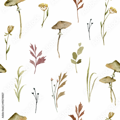 Watercolor vector seamless pattern with green foliage and flowers.