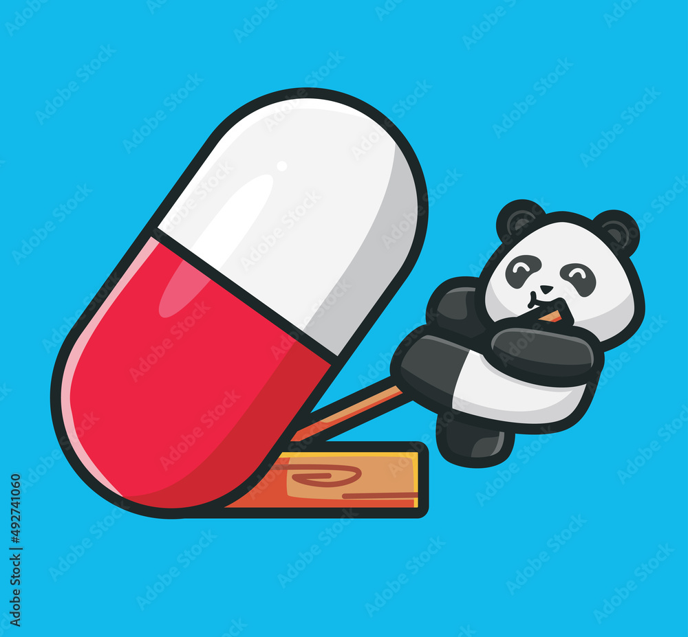 cute panda try to move giant capsule.cartoon object concept Isolated illustration. Flat Style suitable for Sticker Icon Design Premium Logo vector