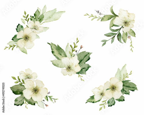 Watercolor vector bouquet set with green foliage and flowers.