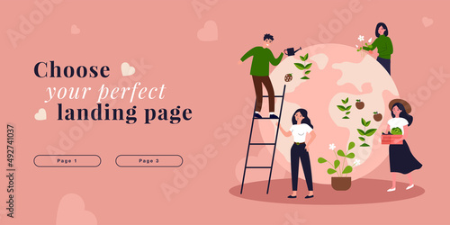 Volunteers planting and watering plants on globe of planet Earth. People protecting environment flat vector illustration. Ecology, reforestation concept for banner, website design or landing web page