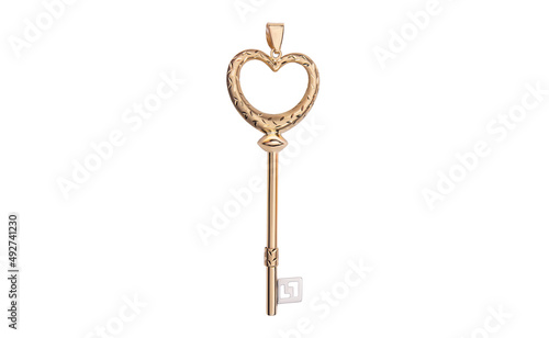 Golden diamond key pendant isolated on white background