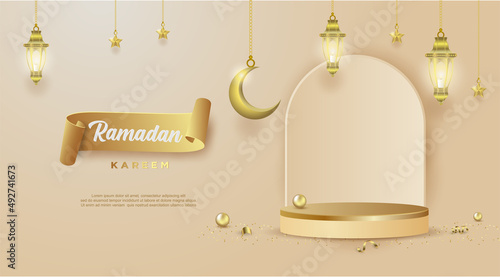 Ramadan kareem sale luxury with lanterns and crescent moon and podium