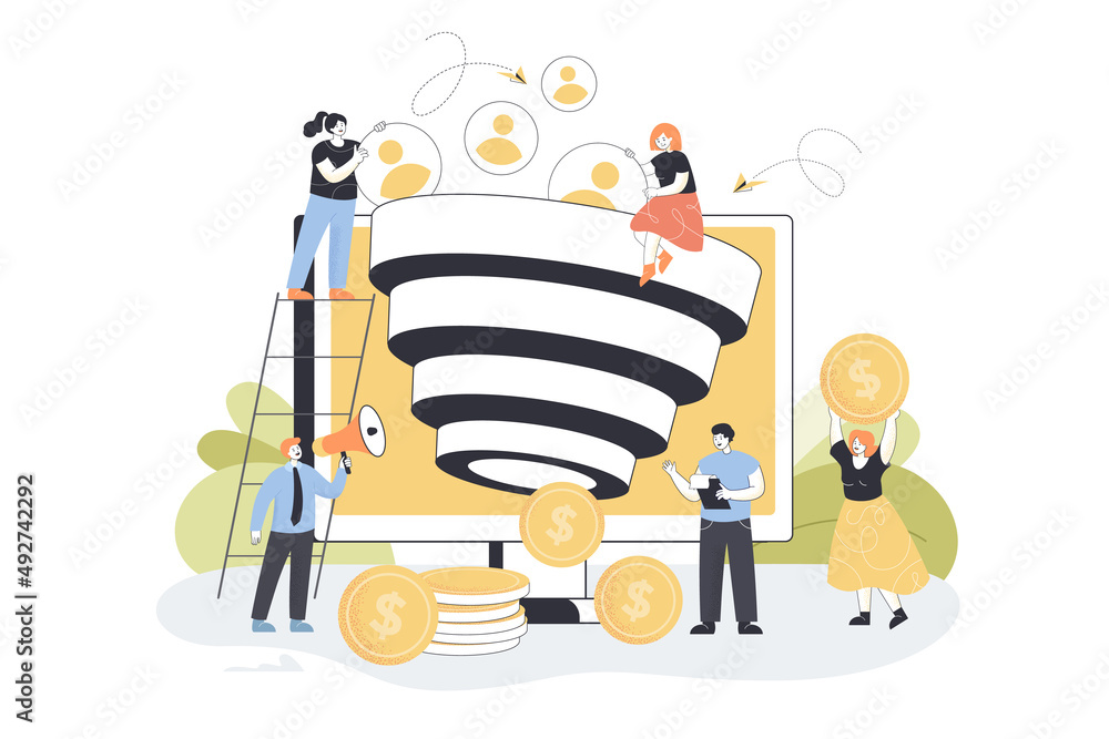 SMM managers attracting new followers flat vector illustration. Tiny people generating new subscribers or audience using funnel sales, increasing conversion rates. Social media, monetization concept SMM managers attracting new followers flat vector illustration. Tiny people generating new subscribers or audience using funnel sales, increasing conversion rates. Social media, monetization concept