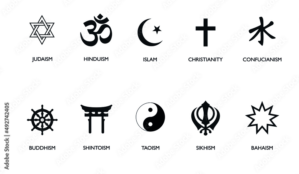 World religion symbols. Signs of major religious groups and religions. Christianity, Islam, Hinduism, Buddhism, Bahaism, Judism, Taoism, Shinto, Sikhism and Judaism, with English labeling.set of icons