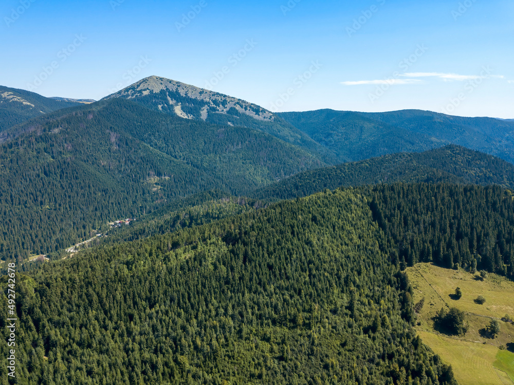 Green mountains of Ukrainian Carpathians in summer. Sunny clear day. Aerial drone view.