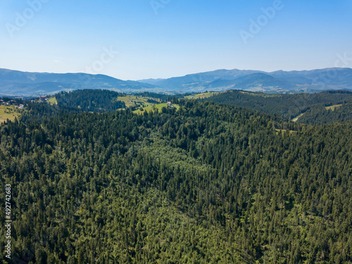 Green mountains of Ukrainian Carpathians in summer. Sunny clear day. Aerial drone view. © Sergey