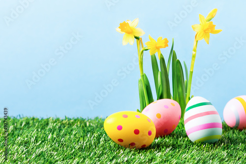 Multi coloured easter eggs and daffodil flowers on meadow. Happy Easter greeting card.