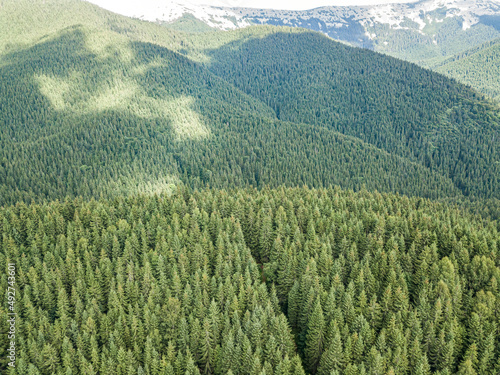 High mountains of the Ukrainian Carpathians in sunny weather. Aerial drone view.