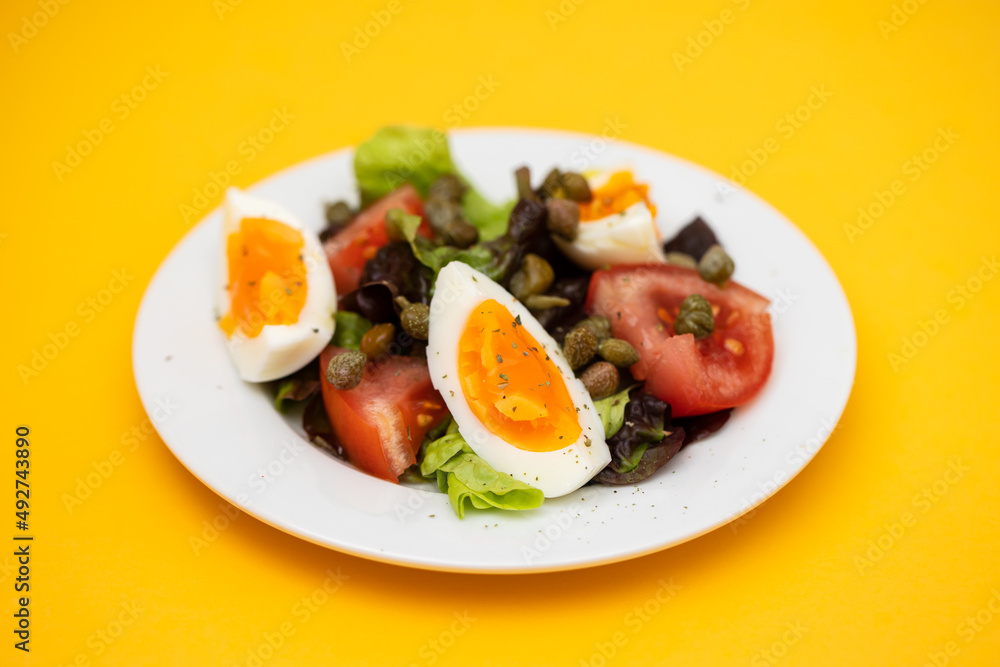 fresh vegetable salad with boiled egg on white dish fresh vegetable salad with boiled egg on white dish