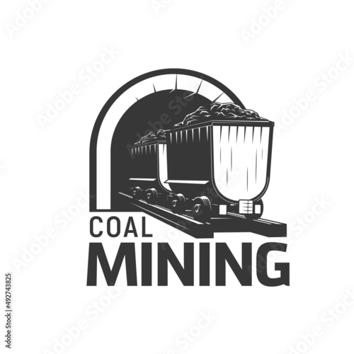 Coal mining trolley, mine factory and heavy industry vector icon. Mining wheelbarrow in quarry tunnel, emblem for coal or metal ore excavation and metallurgy exploitation