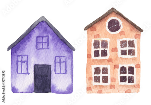 hand drawn watercolor sketch houses on white