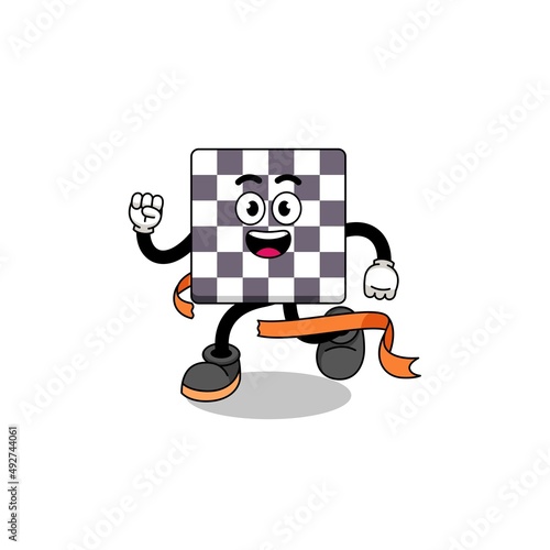 Mascot cartoon of chessboard running on finish line