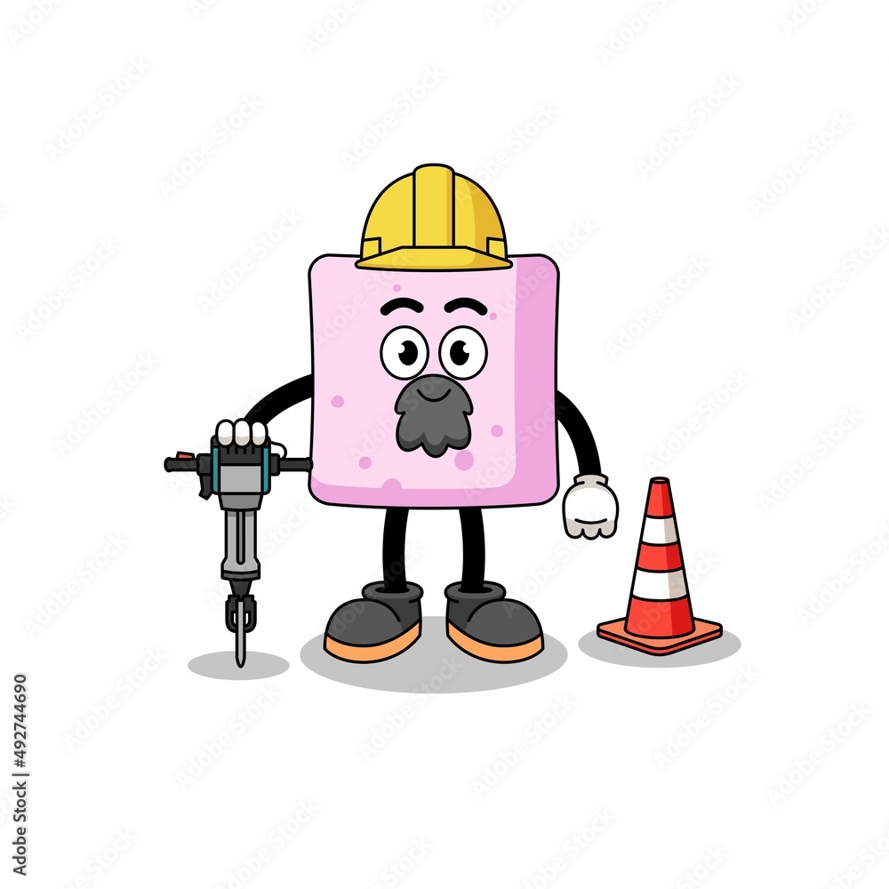 Character cartoon of marshmallow working on road construction Character cartoon of marshmallow working on road construction