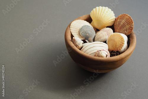 Fototapeta Olive wood bowl of colorful small shells