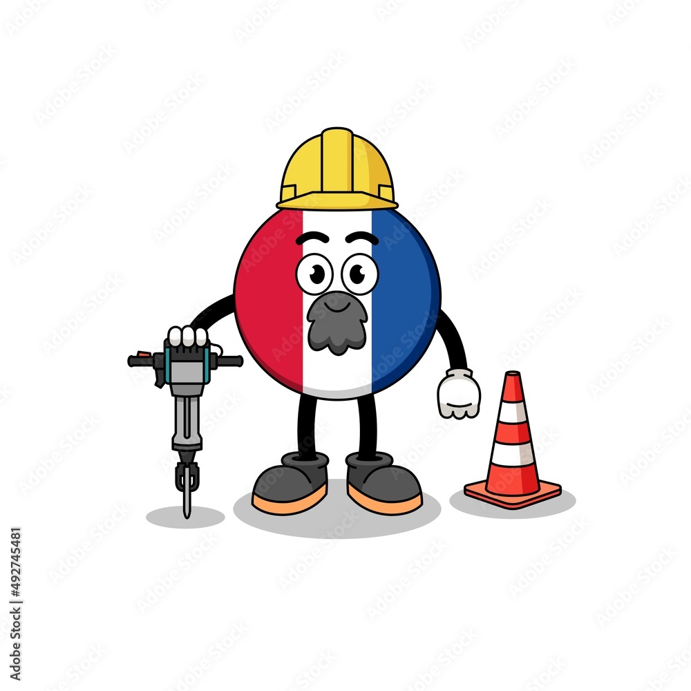 Character cartoon of france flag working on road construction Character cartoon of france flag working on road construction