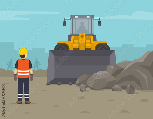 Wheel loader clearing the surface at earthmoving works in construction. The worker monitors the work process. Front view. Flat vector illustration template.