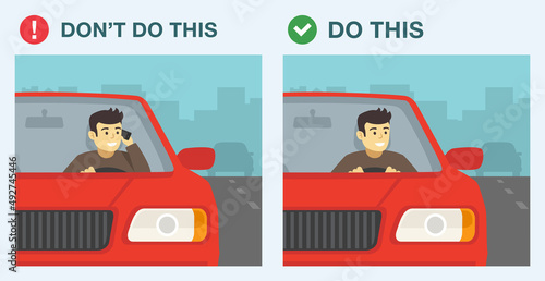 Do's and dont's. Safety car driving and traffic rules. Wrong and correct behavior. Do not use mobile phone while driving a car. Young man talking on the phone. Flat vector illustration template.