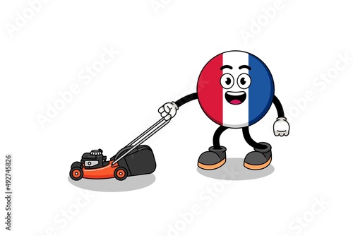 france flag illustration cartoon holding lawn mower