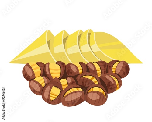 Grilled chestnuts and paper bag for sale