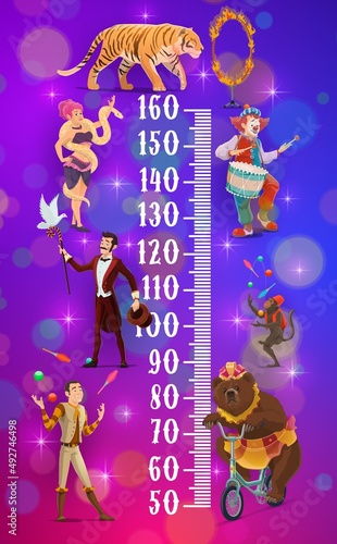 Kids height chart circus animal trainers and handlers. Vector baby ruler growth meter with tiger, woman and snake, clown and tamer, juggler ape and bear on bicycle. Wall centimeter for children grow