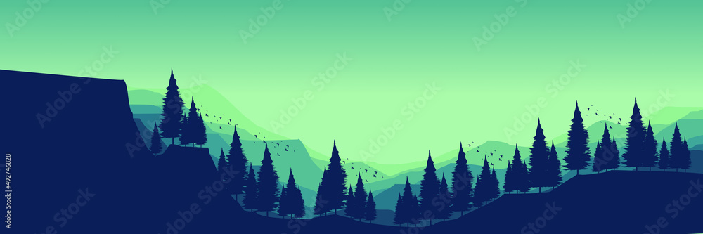 Fototapeta premium forest silhouette with mountain ladnscape flat design vector illustration good for wallpaper, background, backdrop, banner, tourism and design template