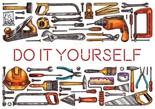 DIY and hand work tools poster, vector repair, construction, home building and house renovation equipment. Screwdriver, hammer, drill and wrench, hardware screw, paint brush, roller and spanner