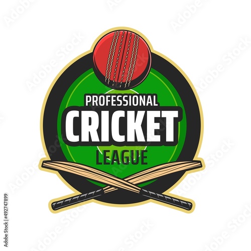 Cricket league icon with ball and crossed bats. Sport game competition sticker, professional league vector emblem or round symbol. Cricket club, sport team vintage vintage icon